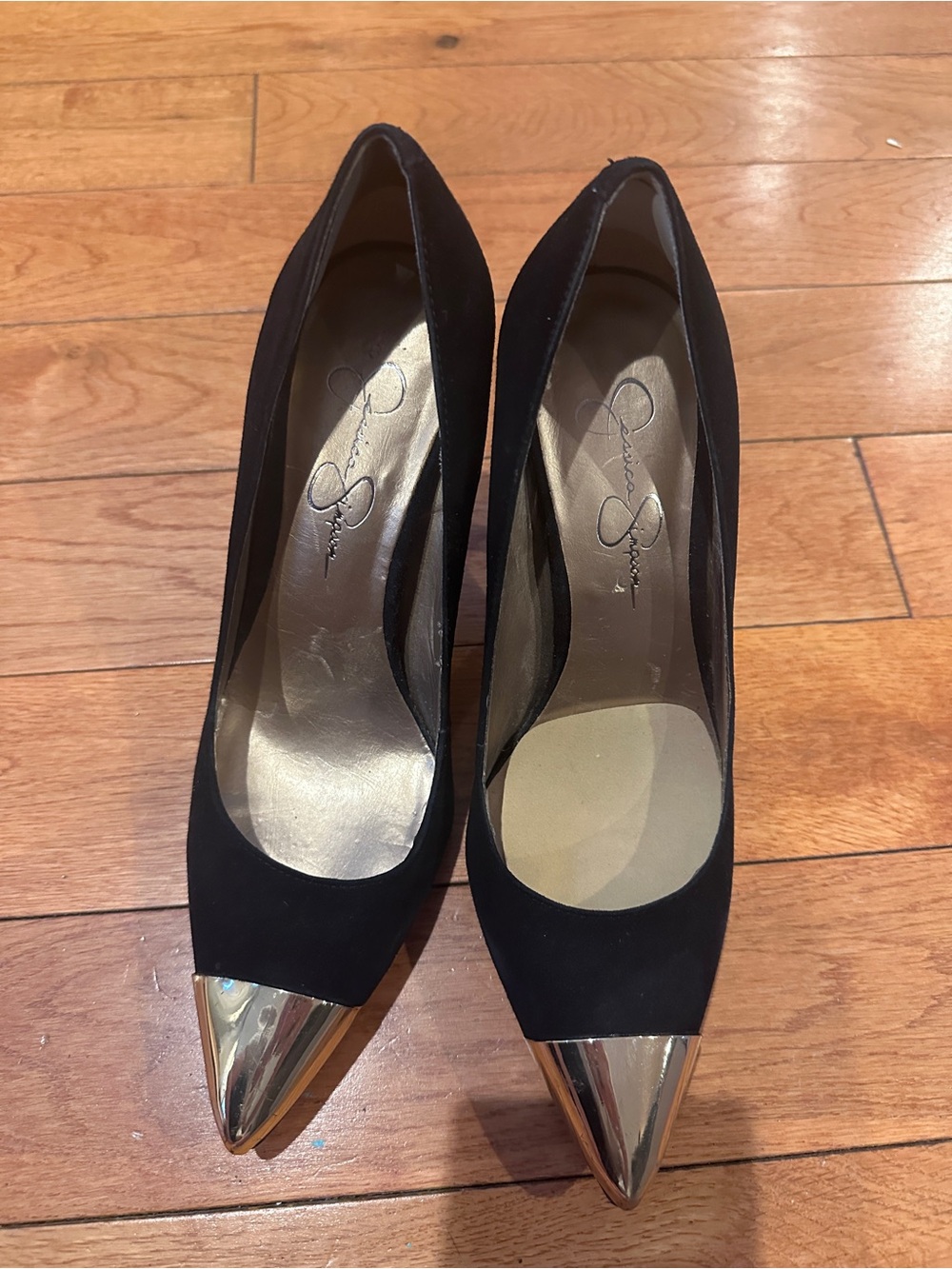 Jessica Simpson Black Suede Pointed Toe Pumps with Gold Cap Detail